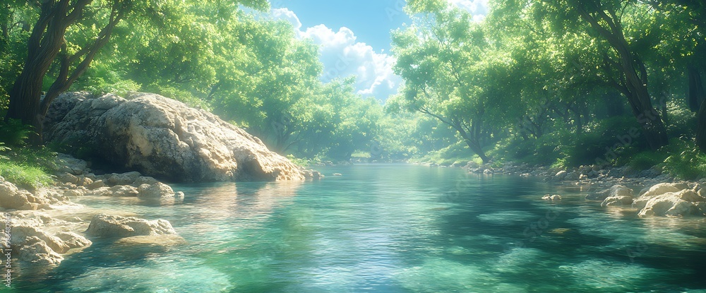 Poster a tranquil river flows through a lush green forest with sunbeams filtering through the trees.