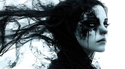Fototapeta premium Gothic haunted bride with a tattered veil, adorned with eerie masks, misty and ethereal, digital painting, isolated on white background