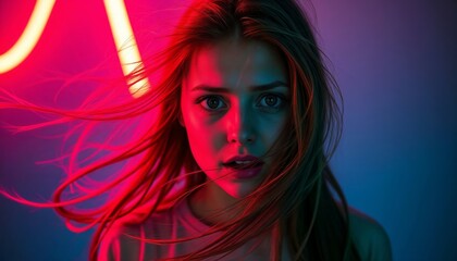 A woman with long flowing hair is standing right in front of a neon sign