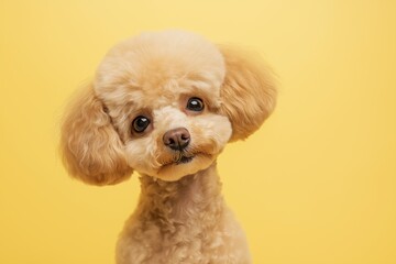 A close-up portrait photo of a cute poodle dog looking at the camera, isolated against a colourful background.
