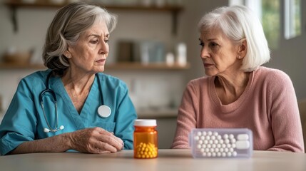 Senior woman discussing her medication routine with her home nurse, pill organizer on the table, Elderly woman, home nurse, medication routine