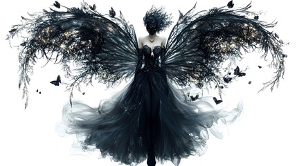 Obraz premium Gothic-style dark fairy with Halloween masks, ethereal wings, and magical aura, digital illustration, isolated on white background