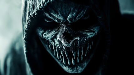 Obraz premium Halloween mask with sharp teeth emerging from the shadows, dark horror style, high contrast, isolated on white background