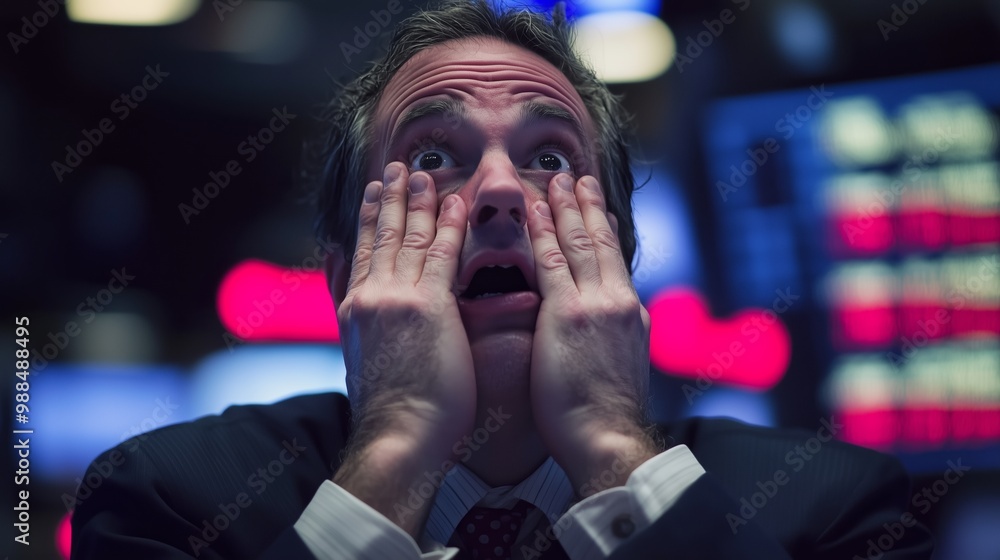 Poster trader experiences shock and disbelief during a volatile market session on the stock exchange floor 