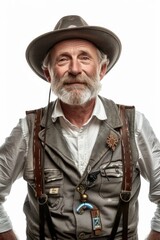 A gentleman wearing a hat and vest, possibly from the past