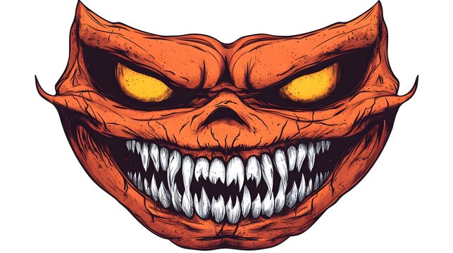 Halloween party mask with exaggerated sharp teeth, creepy and unsettling expression, detailed vector art, isolated on white background