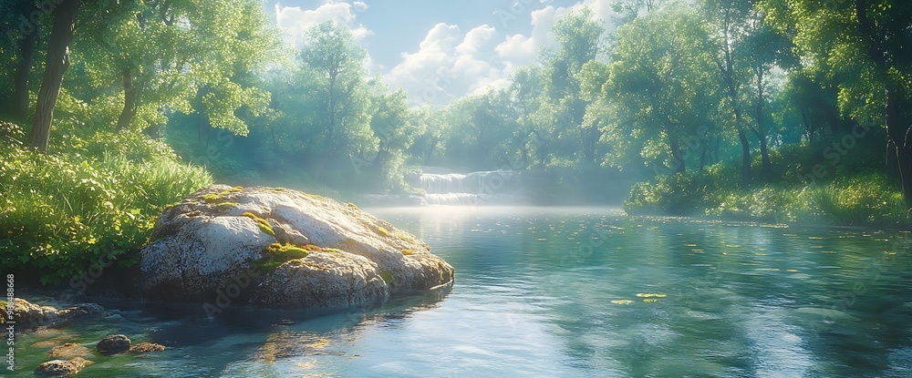 Poster tranquil forest river scene with a large rock in the foreground and a misty waterfall in the backgro