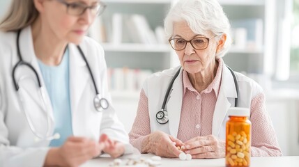 Senior woman sitting with a healthcare professional, discussing how to adjust her medication for a chronic condition, Elderly woman, medication adjustment, chronic condition