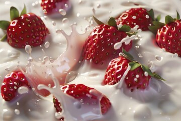 Fresh strawberries falling into a bowl of milk