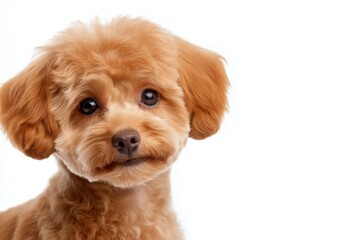 A close-up portrait photo of a cute poodle dog looking at the camera, isolated against a colourful background.