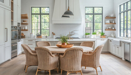 Modern farmhouse kitchen featuring white cabinets and rattan dining chairs