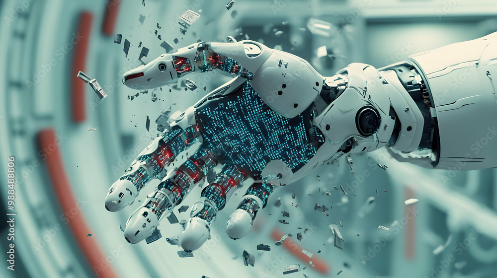 Poster futuristic robotic hand in motion, showcasing advanced mechanics and digital particles.