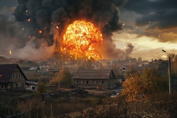 Explosion above a town, smoke and fire visible