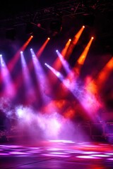 Vibrant Stage Lighting with Colorful Spotlights and Smoke Effects at a Live Concert Event