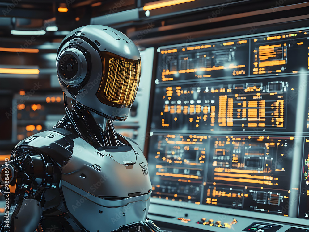 Poster futuristic robot in a high-tech environment, surrounded by complex control panels and screens.