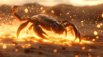 Fototapeta premium A scorpion walking on a sandy surface with glowing embers and a vibrant sunset atmosphere.