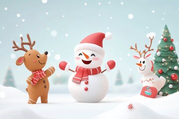 Santa claus, Snowman, gingerbread cookie and reindeer are playing with snow celebrate new year party with Christmas tree, Merry Christmas and happy new year with generative ai