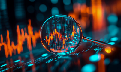 A magnifying glass over digital charts and graphs, representing data analysis in a stock market or financial business.