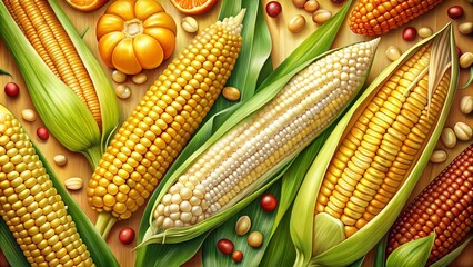 Golden kernels, rows of furrowed cob, fluffy silk, and worn husks radiate warmth and texture, a sensory celebration