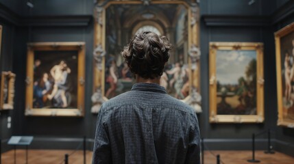 Obraz premium A man is intently looking at a beautiful painting in a museum setting