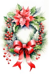 Christmas wreath of leaves, berries, flowers and red flowers on a white background.