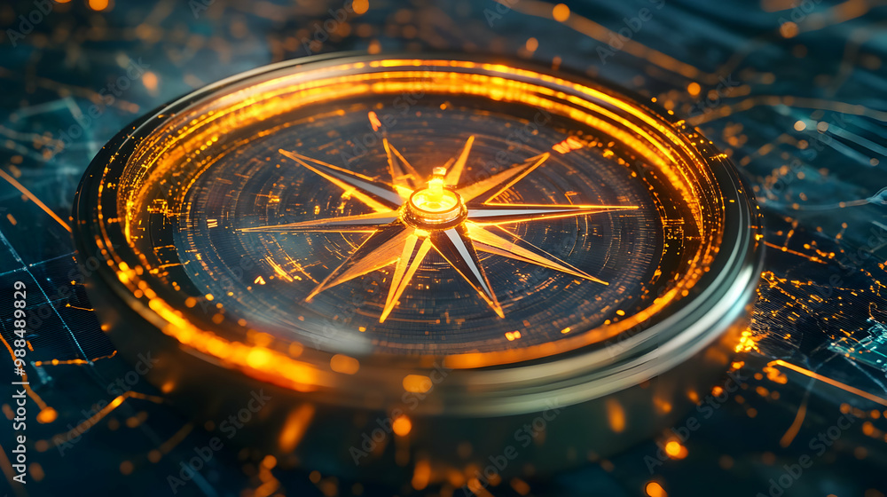 Poster a close-up of a glowing compass on a digital interface, symbolizing navigation and exploration.