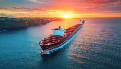 Obraz premium Large cargo ship sailing on the ocean at sunset near cliffs