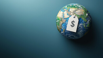 Global Economy: A miniature Earth with a price tag attached, symbolizing the global economy and its interconnectedness.  The image evokes a sense of both fragility and potential, with a minimalist aes