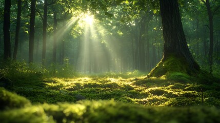 Obraz premium Sunbeams illuminate a mossy forest floor.