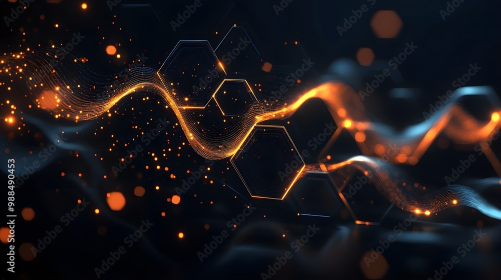Poster abstract technology background with hexagons and glowing particles