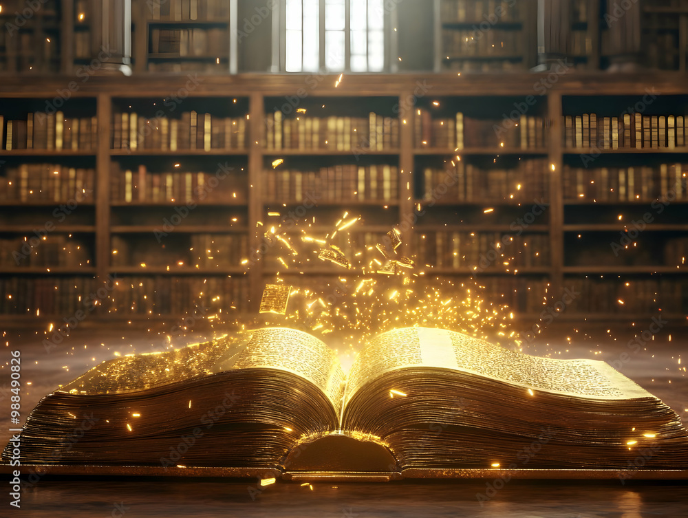 Poster an enchanted open book releasing golden sparks in a library, symbolizing knowledge and magic.