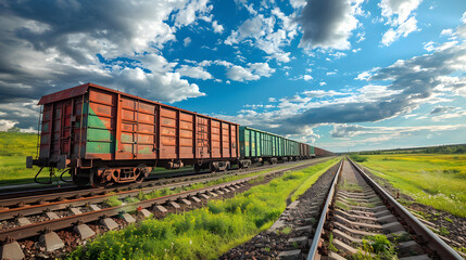 Obraz premium A freight train on a railway track transports containers and tanks with fuel. AI Generated