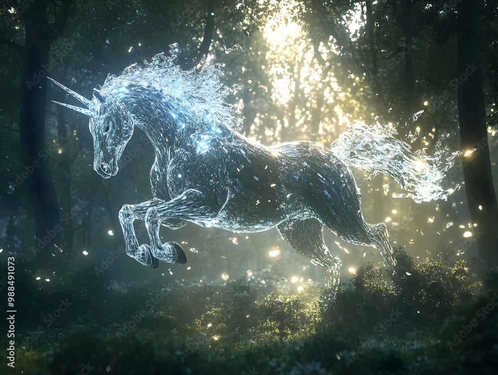 Poster a mystical unicorn leaping through a magical forest, surrounded by sparkling light.
