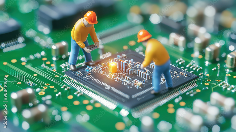 Poster tiny figures are working on circuit board, showcasing detailed electronic environment. their focused