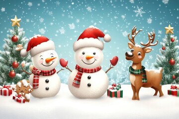 Santa claus, Snowman, gingerbread cookie and reindeer are playing with snow celebrate new year party with Christmas tree, Merry Christmas and happy new year with generative ai