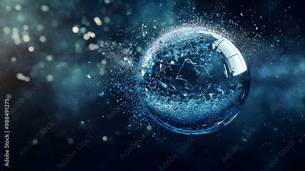 Poster a close-up of a soap bubble bursting in a dark environment, creating dynamic splashes of water.