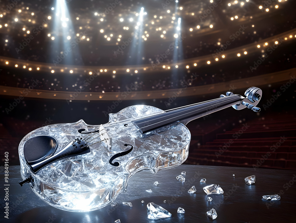 Poster crystal violin shining in dramatic stage lights, surrounded by sparkling shards, creating an enchant