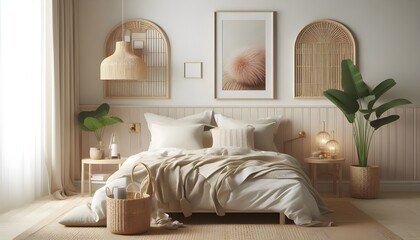 Mock up frame in home interior background, cozy bedroom with natural rattan furniture, 3d render
