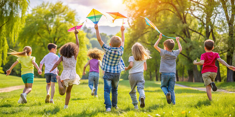 Rearview of happy joyful diverse boys and girls, kids playing outdoors, running and flying kite in the sunny spring or summer grass park. Leisure childhood activity, friends enjoy nature meadow field