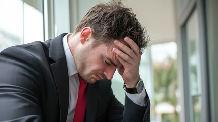 man in suit with brown hair is holding his head, expressing frustration and stress in modern office setting. atmosphere conveys sense of pressure and concern