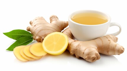 Fresh ginger roots, lemon and cup green of tea on white background