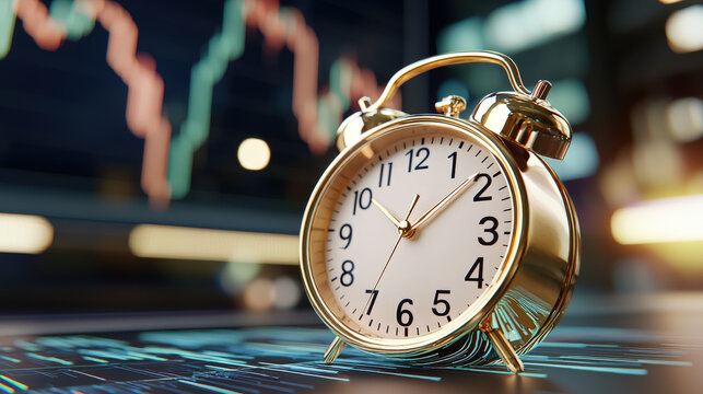 vintage alarm clock sits atop stock market display, symbolizing passage of time in trading. clocks classic design contrasts with modern financial backdrop, evoking sense of nostalgia