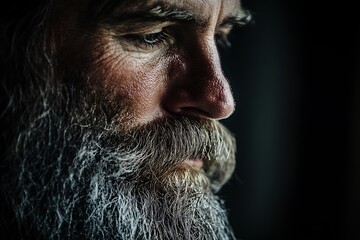 Close-up of an old man face with thick, natural growth beard