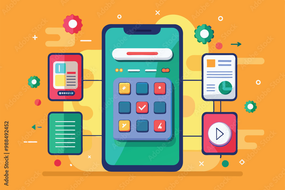 Poster an illustration of a mobile interface with customizable features and interactive design elements, de