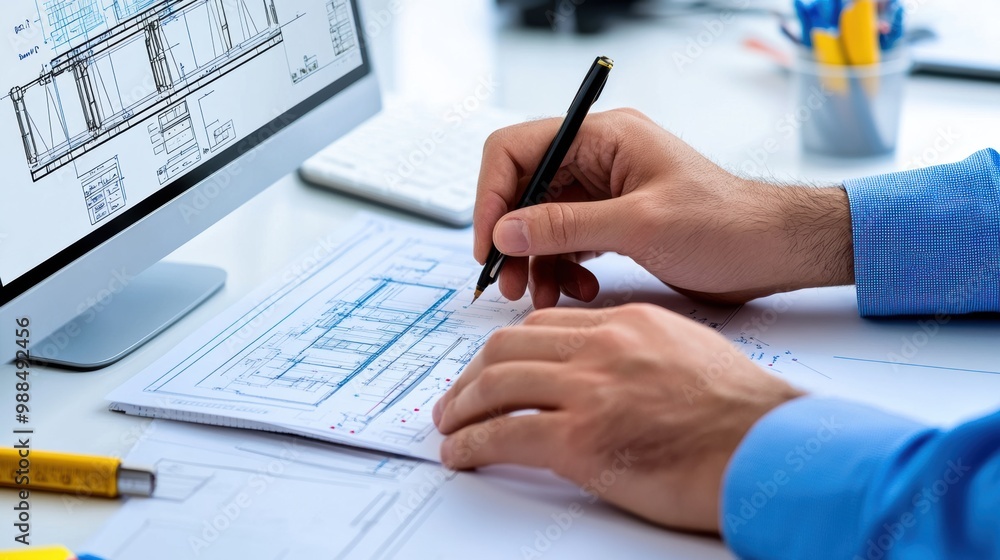 Poster architect working on blueprint with computer