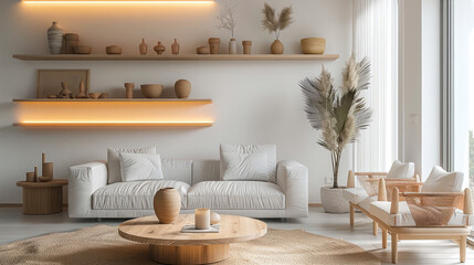 A modern living room with white walls, minimal furniture and wooden shelves, featuring soft lighting from an overhead light in the center of the space.