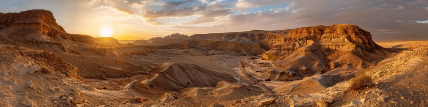 Desert Israel. Panoramic View of Sandstone Canyon in Negev Desert Landscape at Bright Day