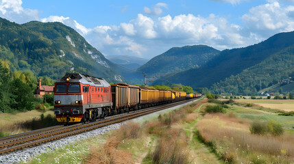 Obraz premium A freight train on a railway track transports containers and tanks with fuel. AI Generated