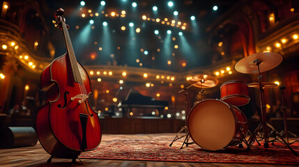 Fototapeta premium Stage setup with a cello, drums, and a grand piano in an elegant concert hall, illuminated by warm lights.