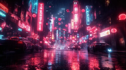 Fototapeta premium Cyberpunk city street with neon signs, cyberpunk, dark tones, digital art